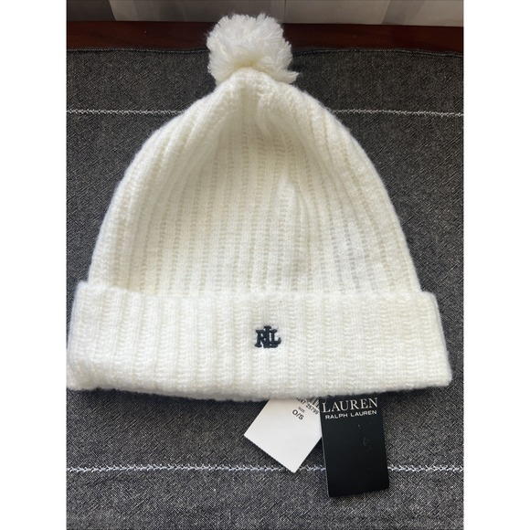 NWT Polo Ralph Lauren Ivory Cable Knit Wool Blend Pom Pom Beanie One Size - Picture 1 of 5